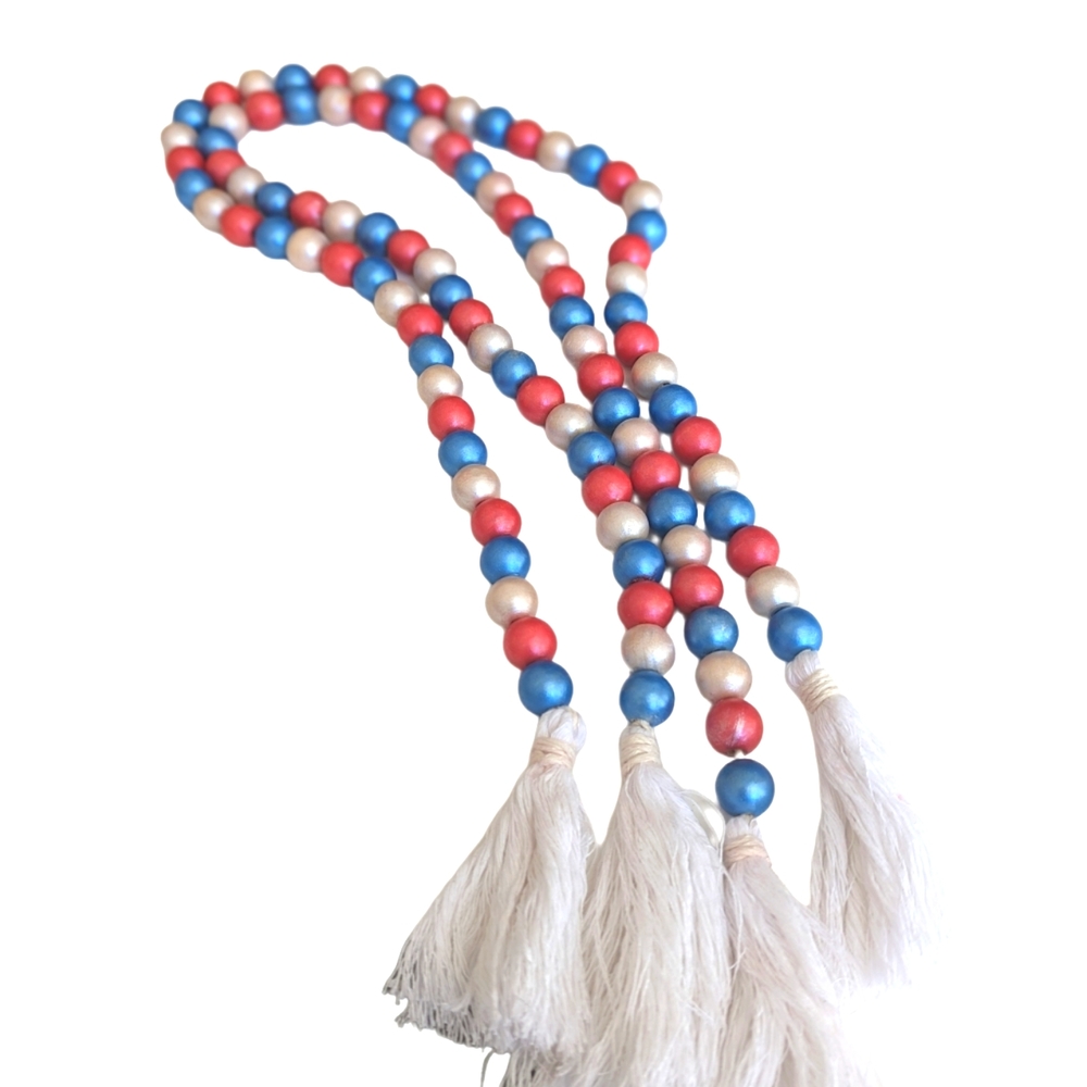 Set of 2 Memorial Day/Fourth of July Hand Painted Wooden Beads 36"
